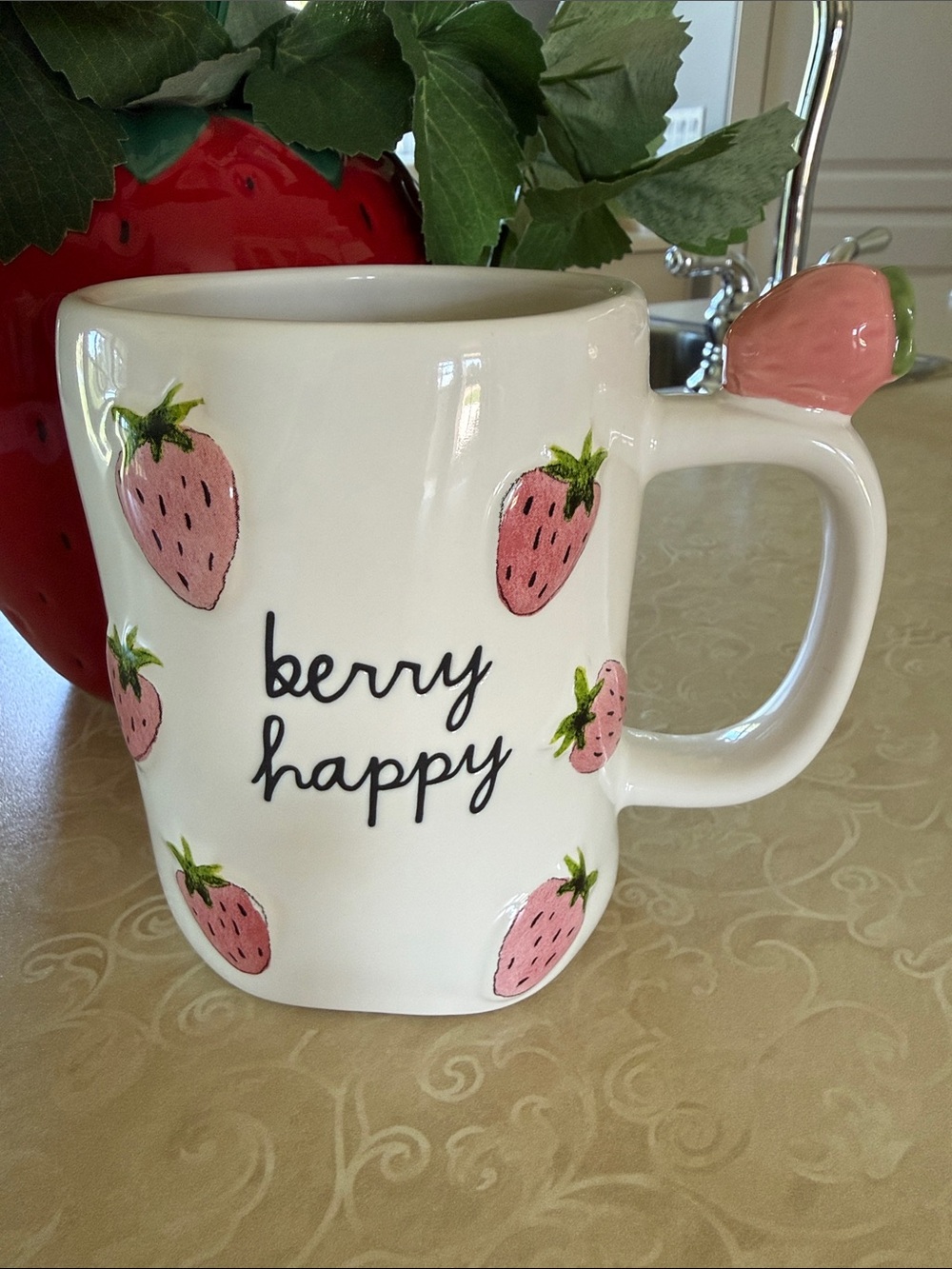 Rae Dunn White Ceramic Mug with Pink Strawberry Accents